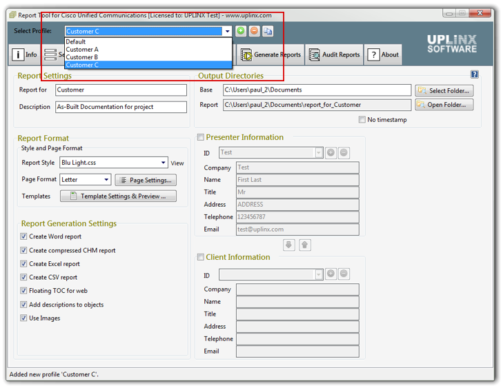 UPLINX Report Tool: Save multiple server access details with profies