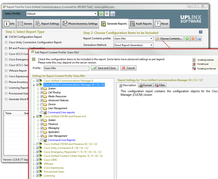 UPLINX Report Tool: Define with config items to include in reports