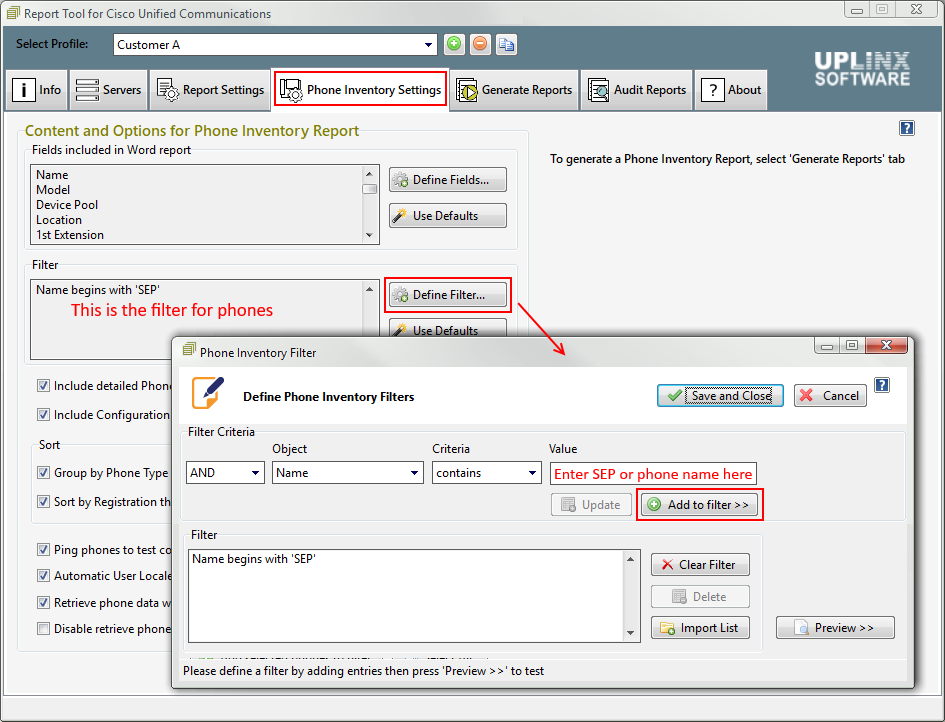 UPLINX Report Tool - Phone Inventory Settings