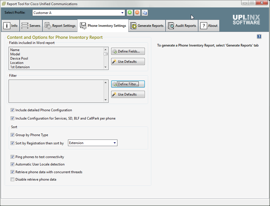 UPLINX Report Tool: Phone Inventory Settings