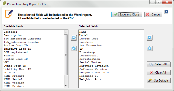 UPLINX Report Tool: Phone Inventory Settings: Selected fields