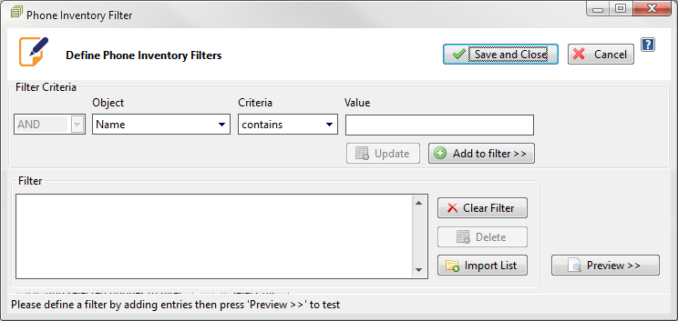 UPLINX Report Tool: Phone Inventory Settings: Phone Filters