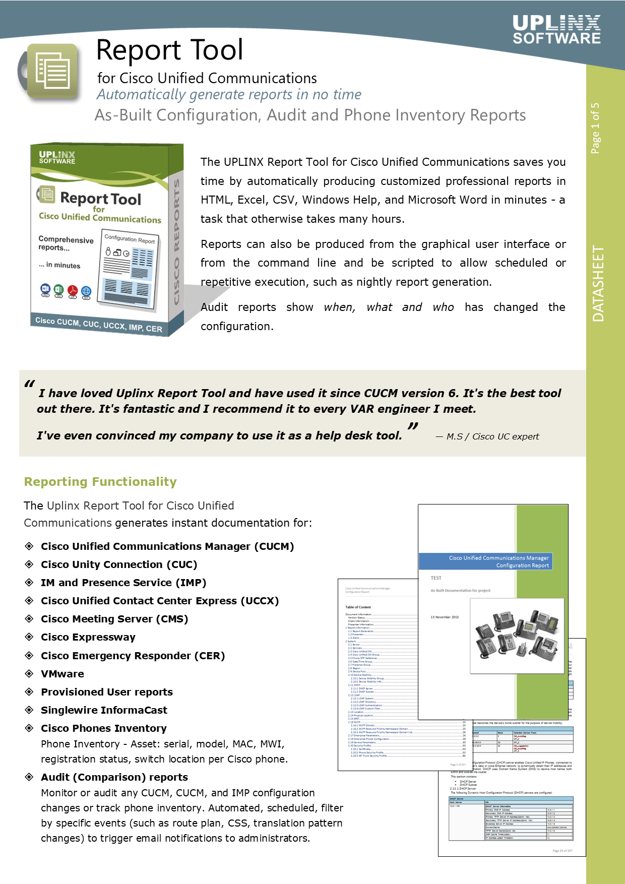 UPLINX Report Tool: Datasheet and Specification (page 1)