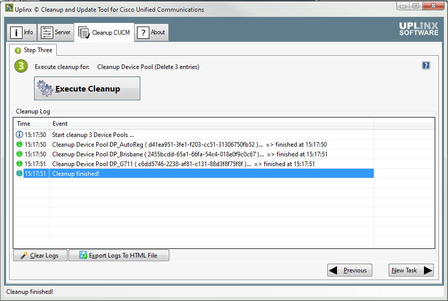 UPLINX Cleanup Tool for Cisco CUCM - Execute the cleanup operation.