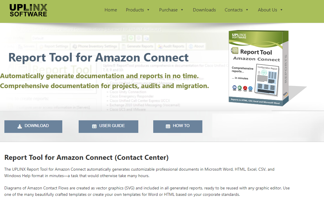 Homepage of Report Tool for Amazon Connect - generate documents as Word, HTML and generate diagrams of contact flows