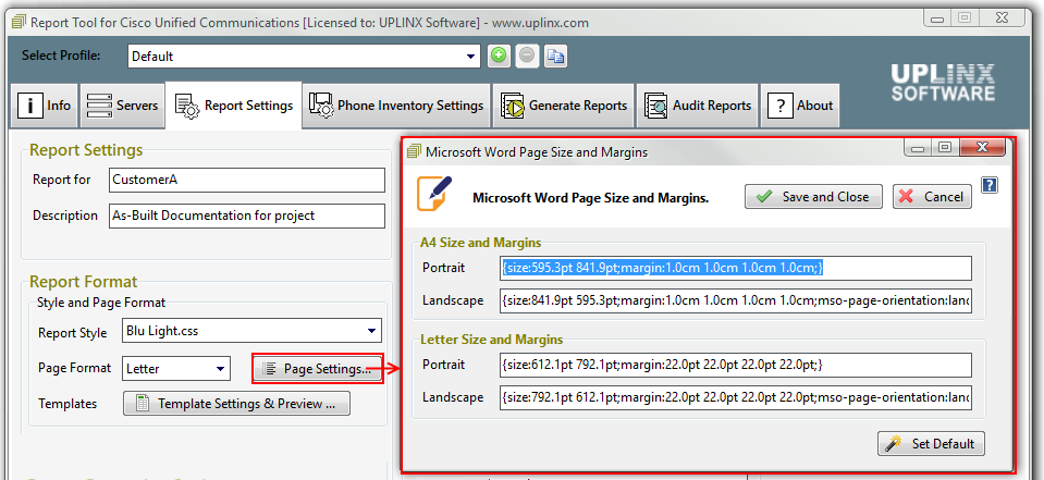 UPLINX Report Tool:  Word Page Margins and Portrait/Landscape Selection